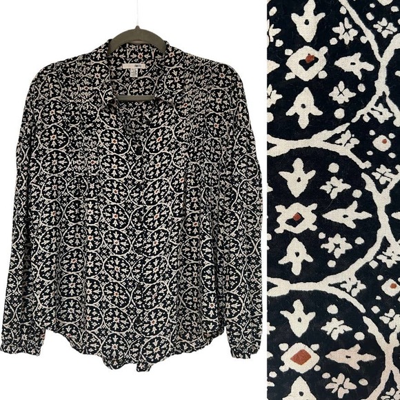 Amuse Society Button Front Long Sleeve Blouse Tribal Print Career Top BOHO Small - Picture 1 of 8